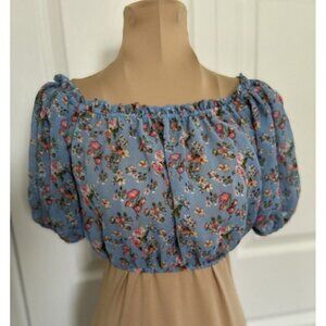 AVA + ESME Short Puff Sleeve Blue/Pink Floral Chiffon On/Off Shoulder Crop Top